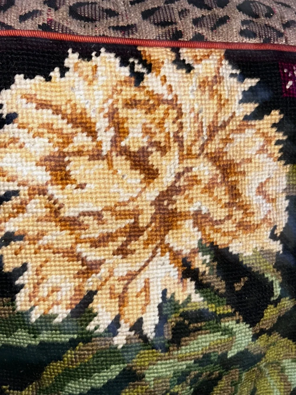 Antique Leopard trim peony flower needlepoint accent pillow